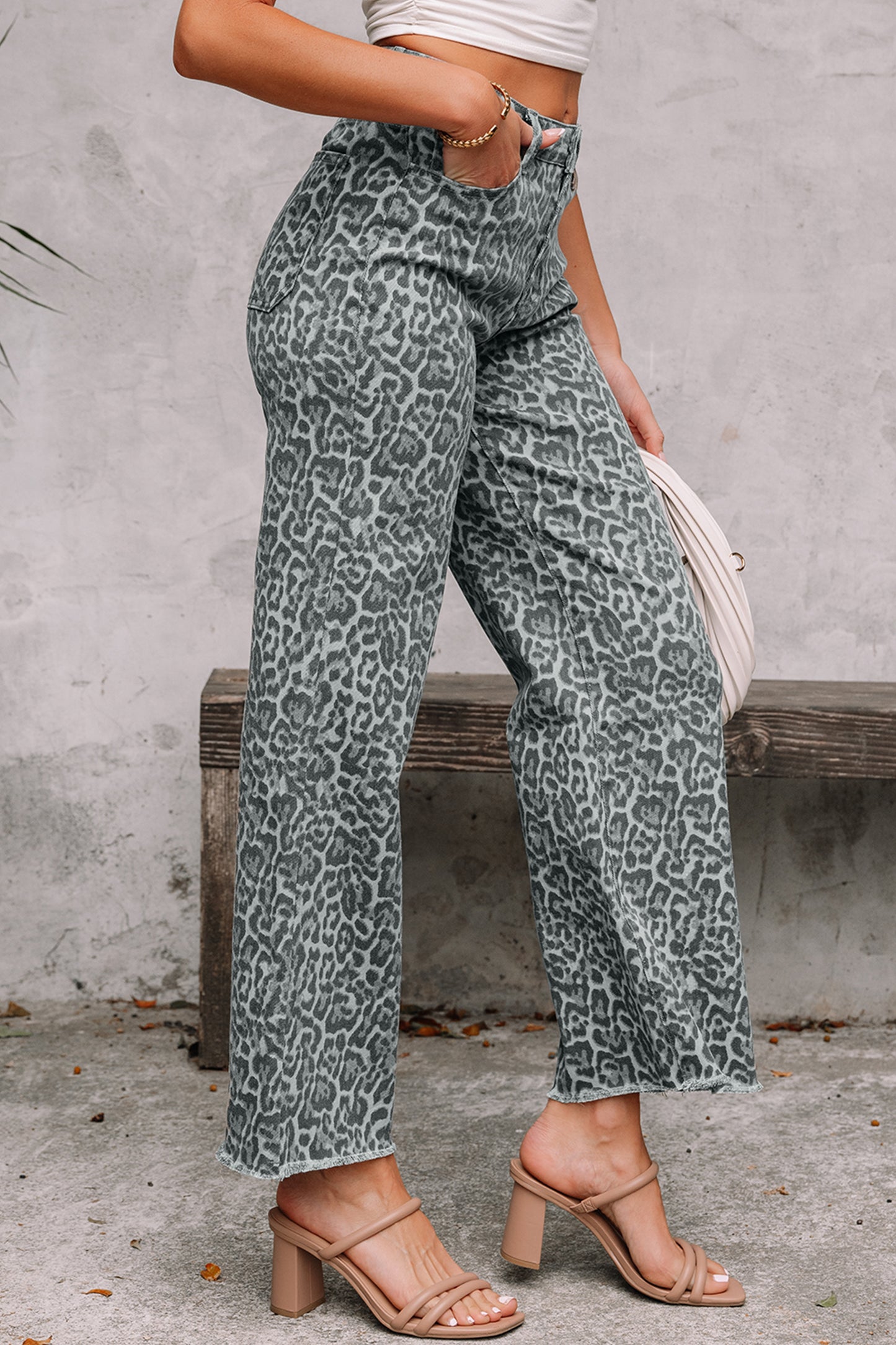 Rose Leopard Frayed Edge Wide Leg High Waist Jeans