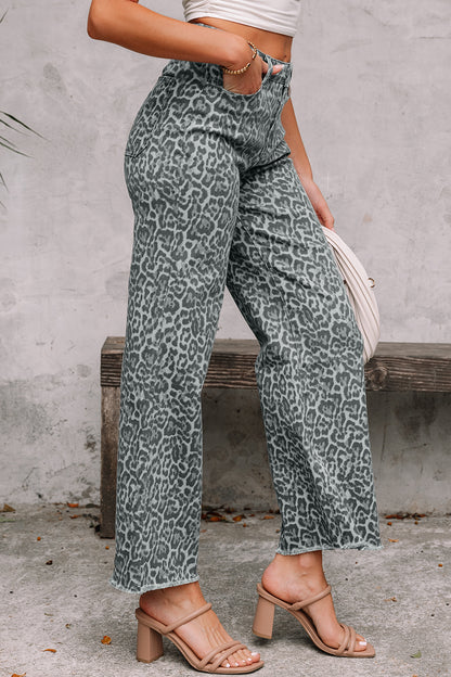 Rose Leopard Frayed Edge Wide Leg High Waist Jeans