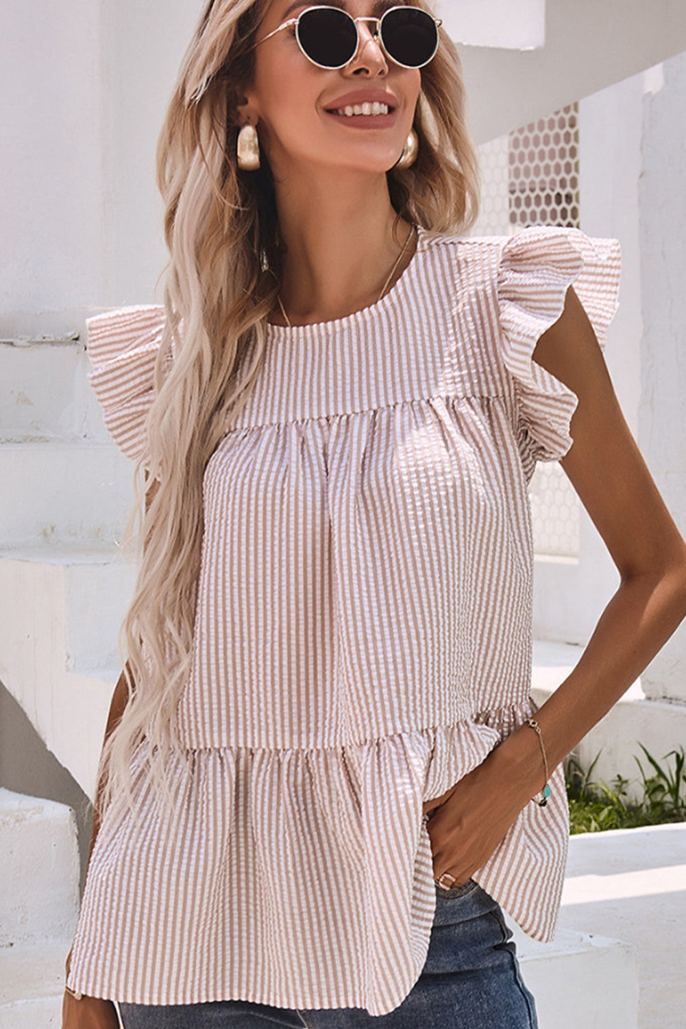 Striped Ruffle Tiered Sleeveless Shirt