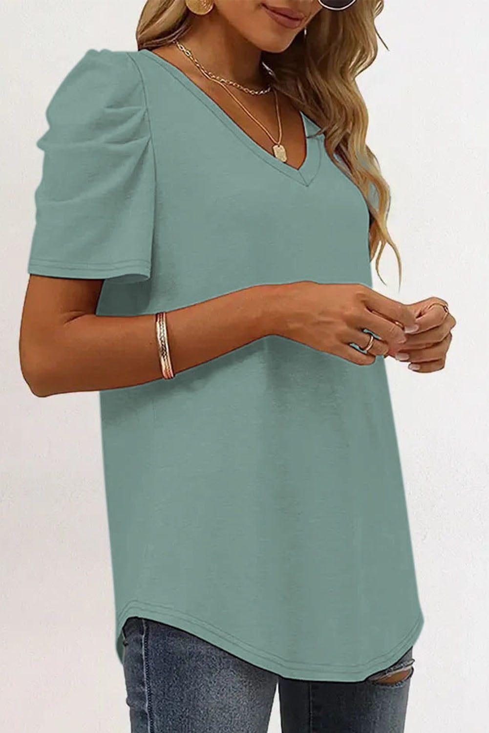 Puff Sleeve Casual V Neck T-Shirt