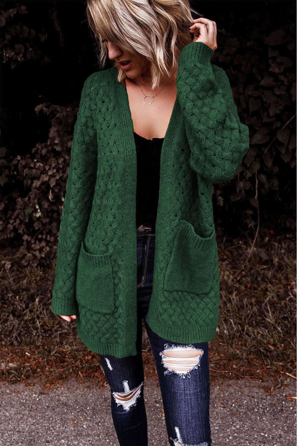 Brown Woven Texture Open Front Pockets Knit Cardigan