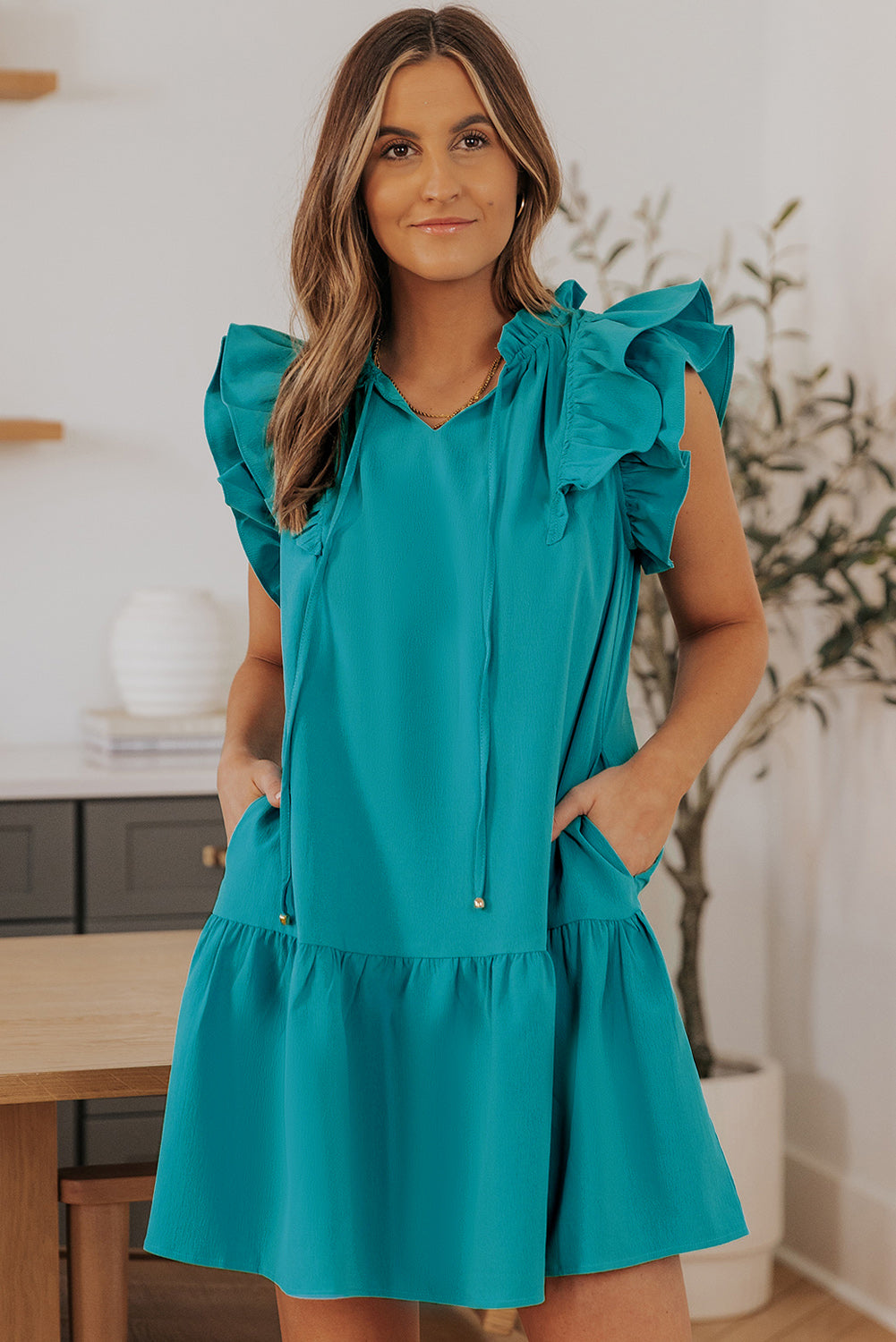Tiered Ruffled Drawstring V Neck Short Dress With Pockets