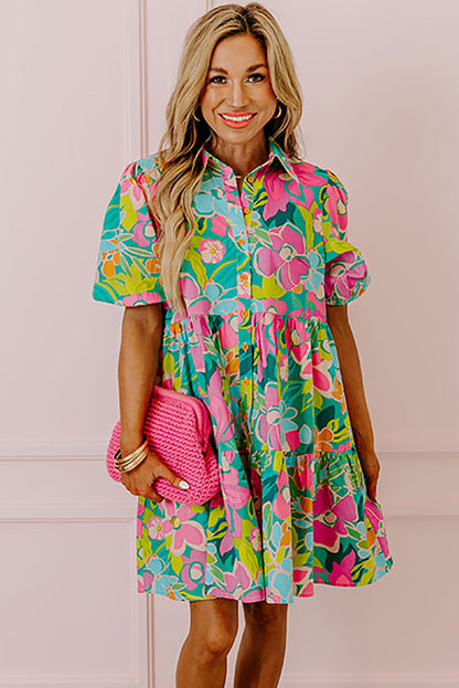 Floral Puff Sleeve Buttoned Babydoll Dress