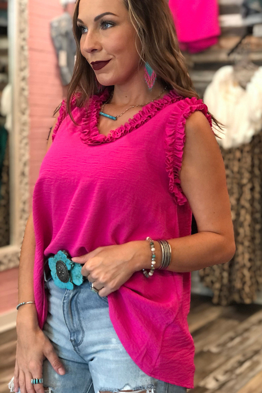 Plain Frilled Trim V Neck Sleeveless Shirt