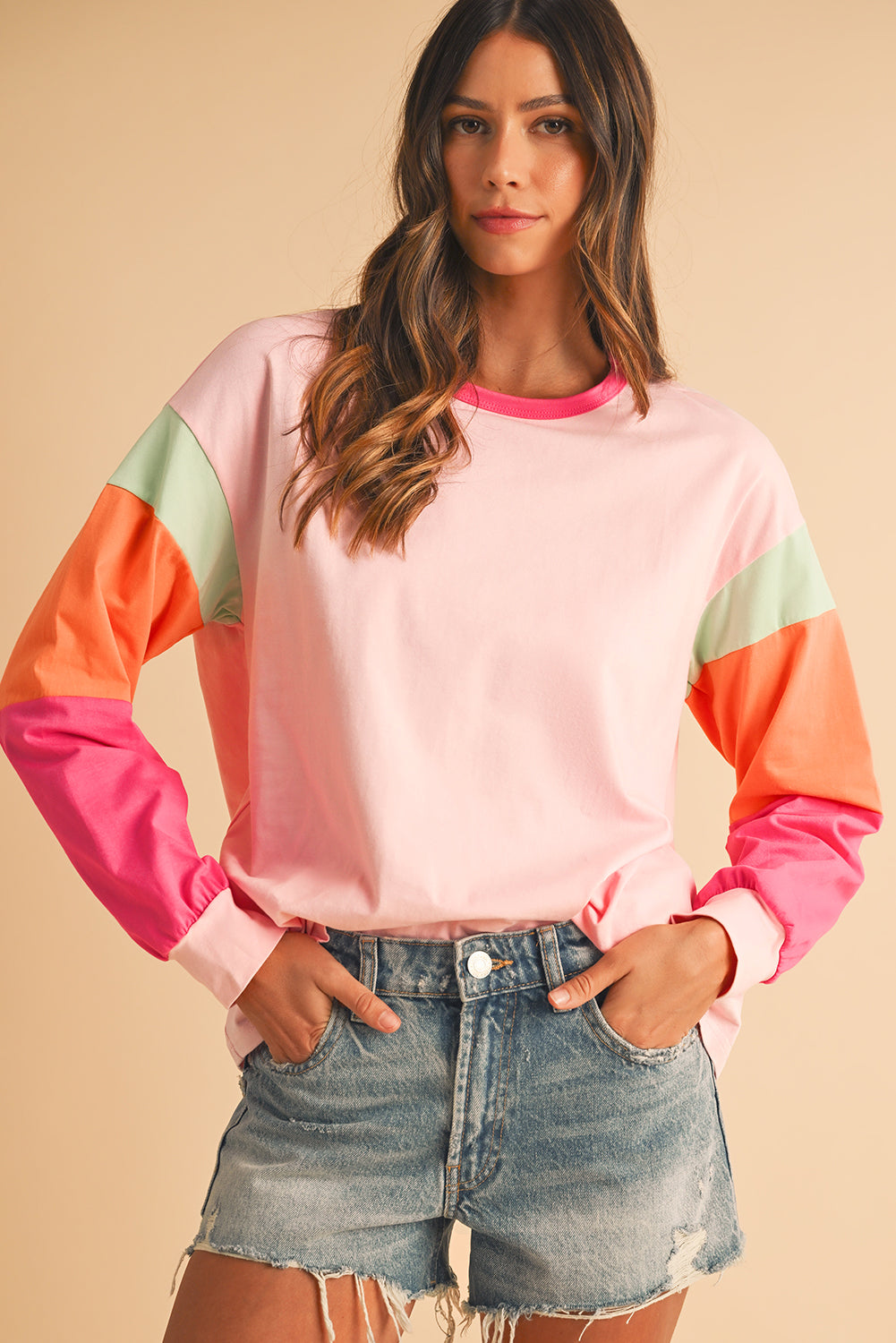 Multi Color Block Sleeve Loose Fit Top