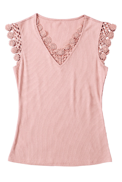 Crochet Cap Sleeve Ribbed V Neck Summer Top