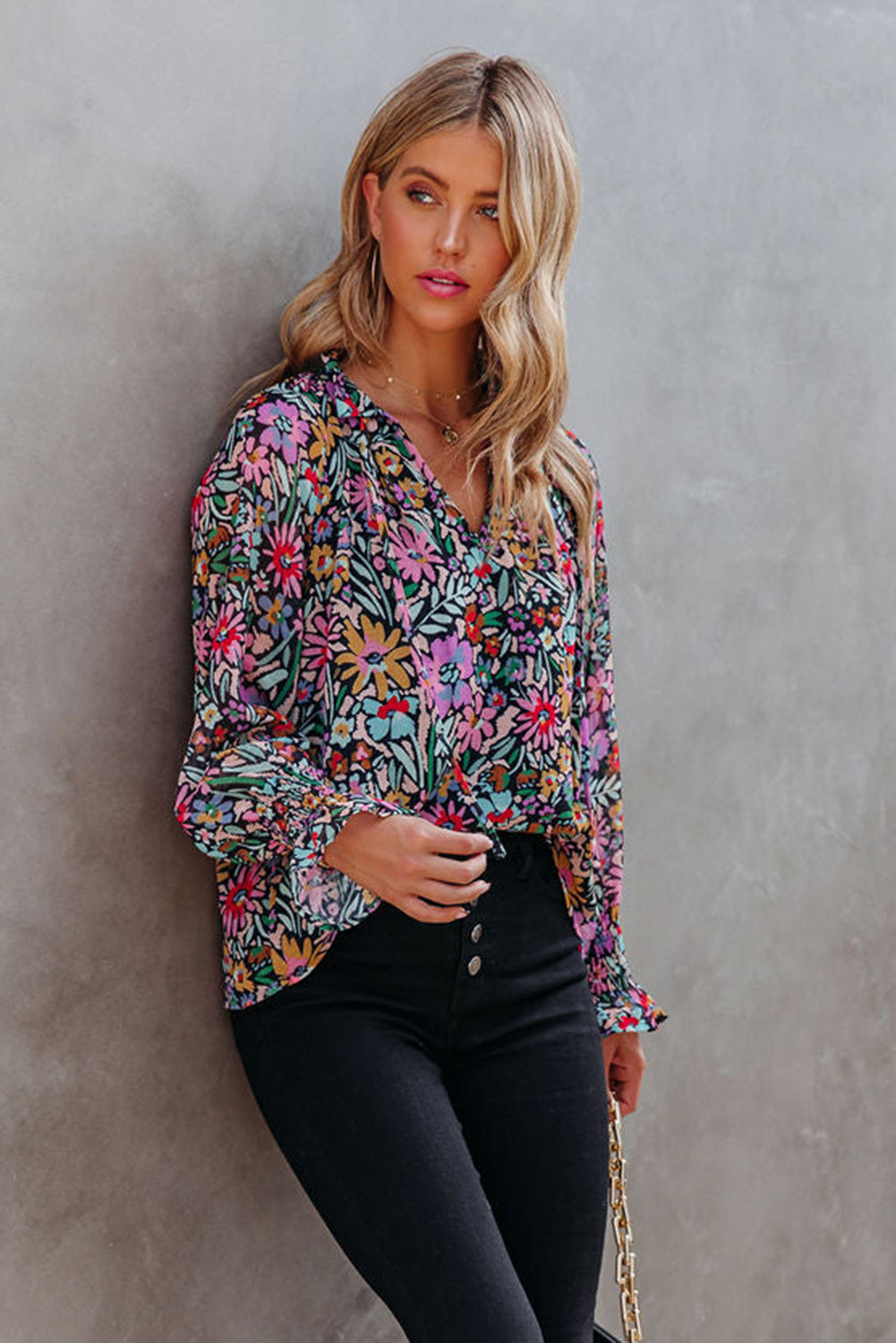 Multicolor Floral Boho Tie V Neck Peasant Blouse
