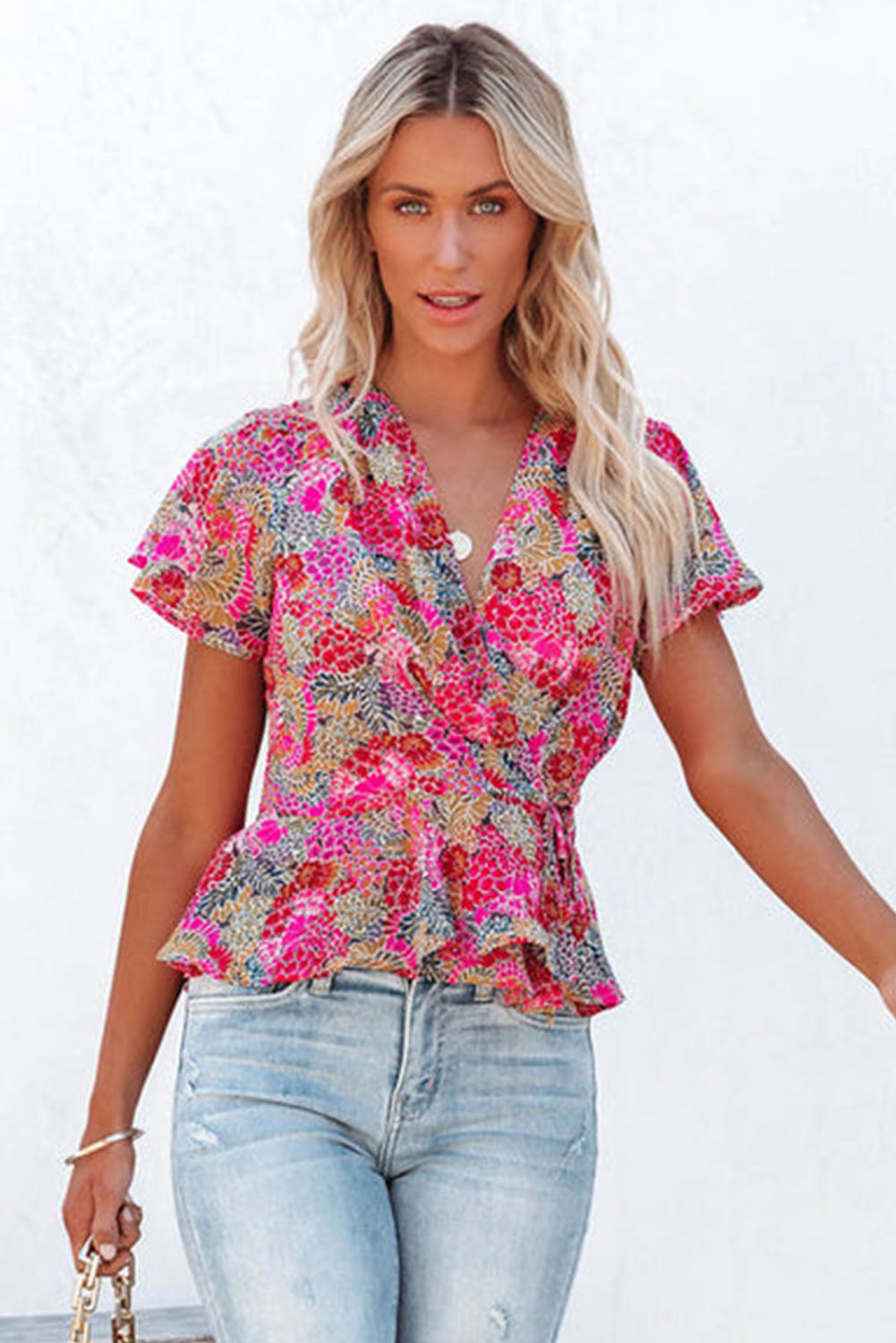 Multicolor Floral Print Smocked Cuffs Long Sleeve Blouse