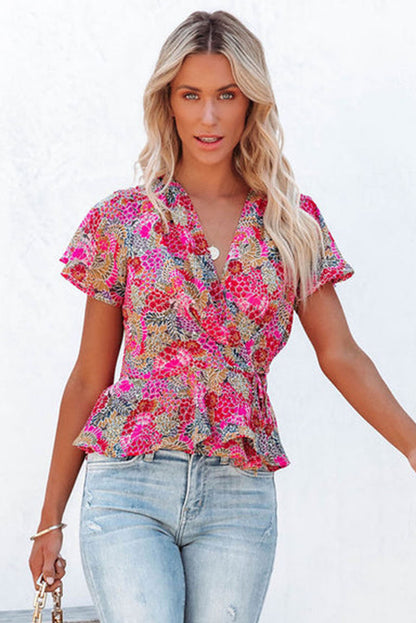 Multicolor Floral Print Smocked Cuffs Long Sleeve Blouse