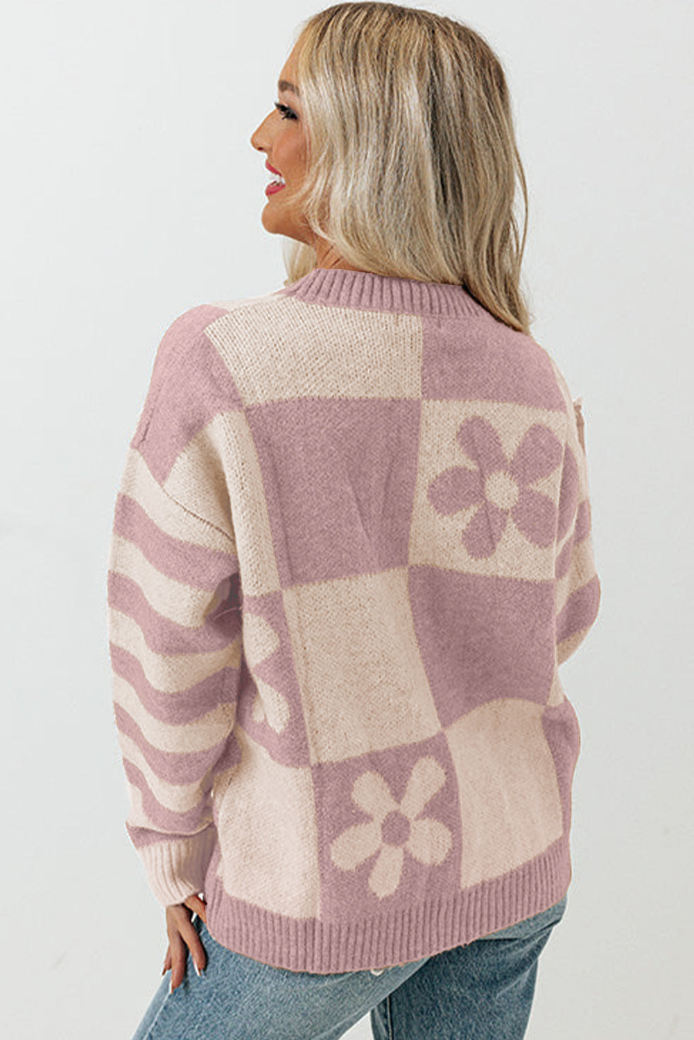 Orchid Petal Checkered and Striped Knitted Sweater