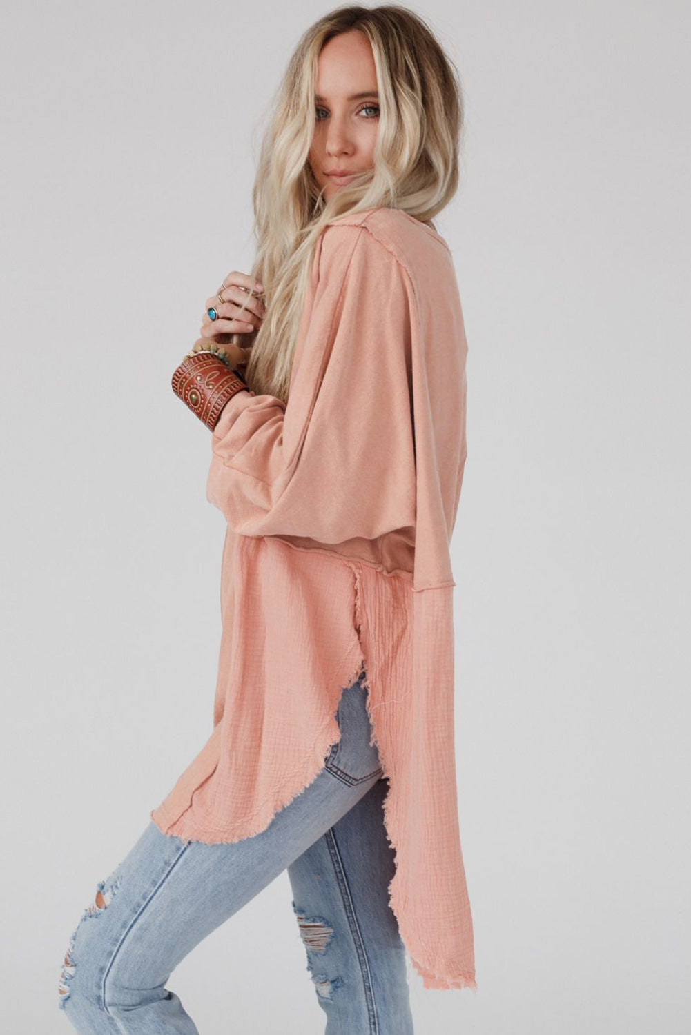 Rose Pink Crinkled Patchwork Raw Hem Oversized Tops