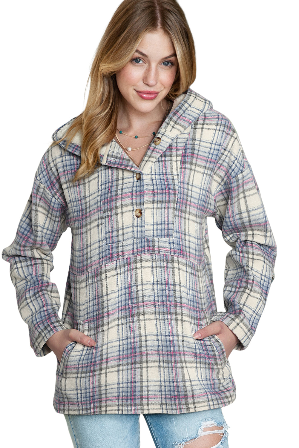 Plaid Button Neck Pocketed Pullover Hoodie