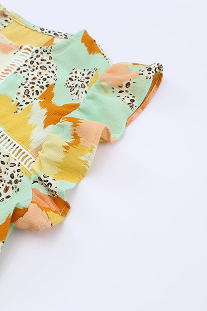 Multicolor Abstract Print Boho Ruffle Puff Sleeve Blouse