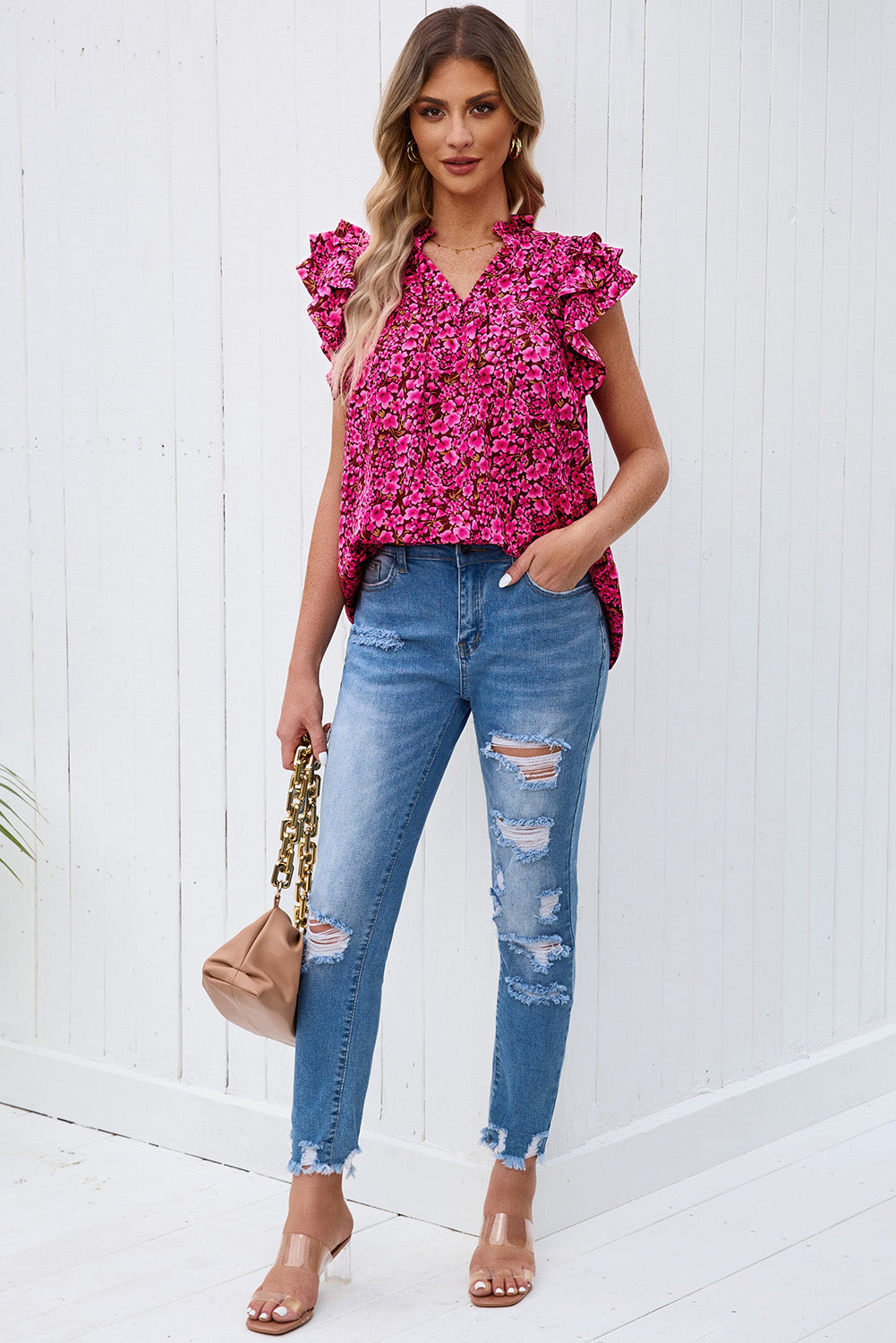 Floral Print Tiered Ruffle Sleeve V Neck Boho Top