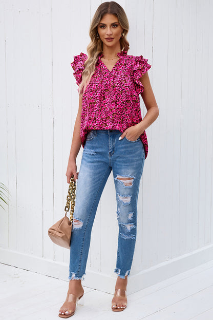 Floral Print Tiered Ruffle Sleeve V Neck Boho Top
