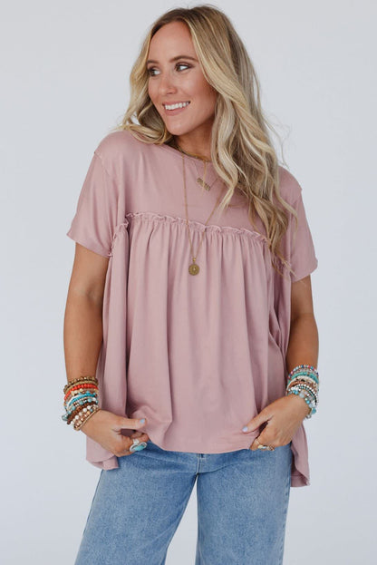 White Solid Color Frilled Loose Babydoll Blouse