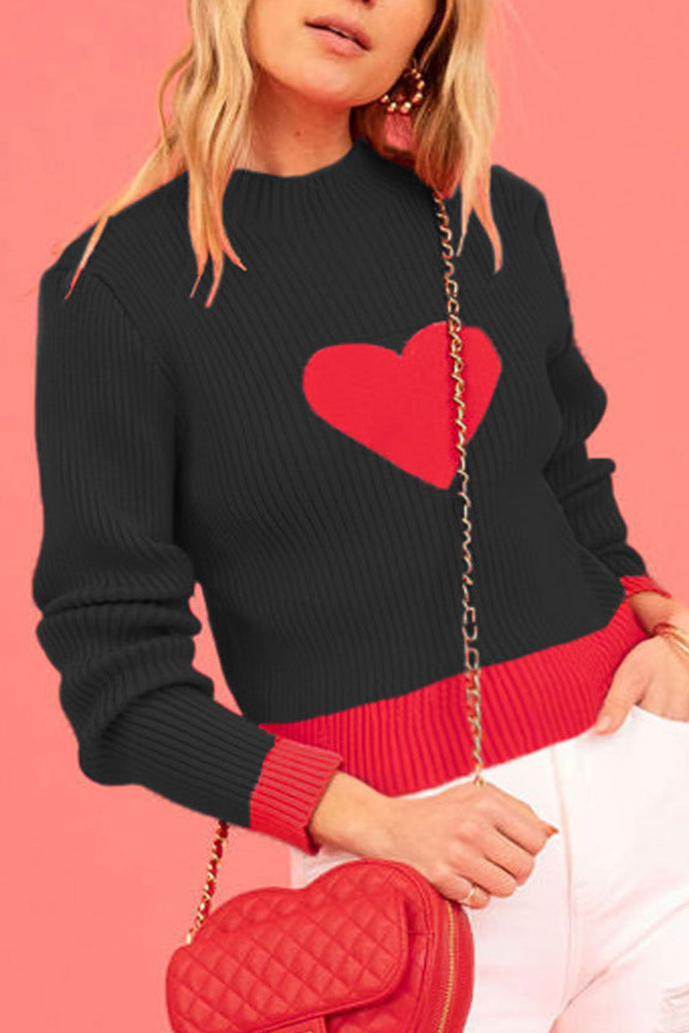 Valentine Colorblock Heart Print Ribbed Sweater