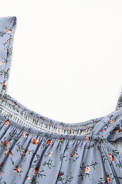 Floral Print Smocked Neck Flounce Sleeveless Shirt