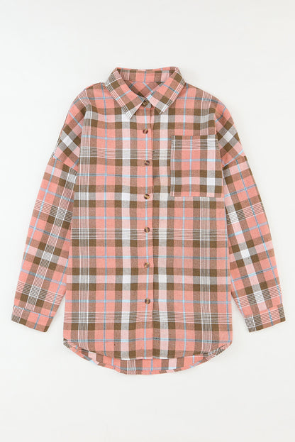 Orange Drop Shoulder Rounded Hem Plaid Pattern Shirt
