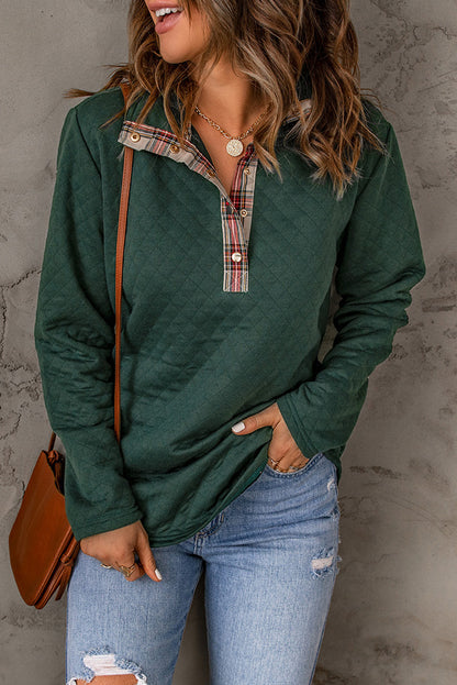 Plaid Geometric Texture Trim Buttons Neck Sweatshirt