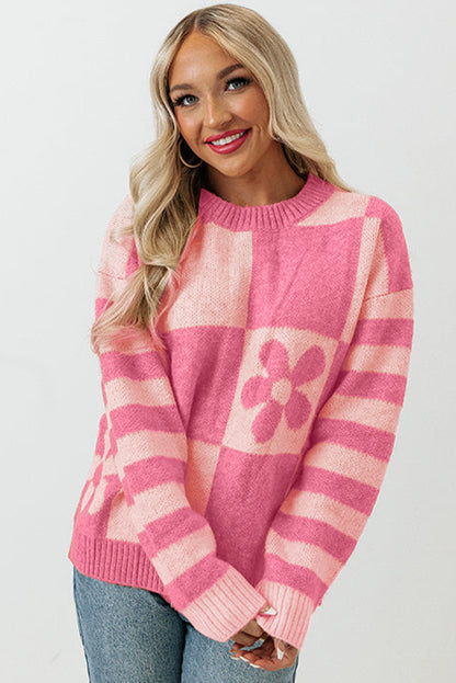 Orchid Petal Checkered and Striped Knitted Sweater
