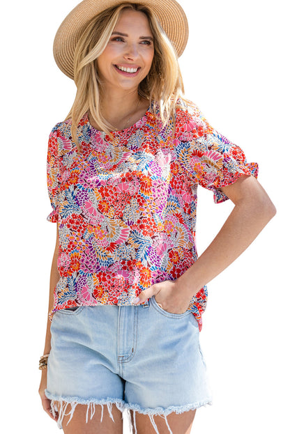 Multicolor Floral Print Smocked Cuffs Long Sleeve Blouse