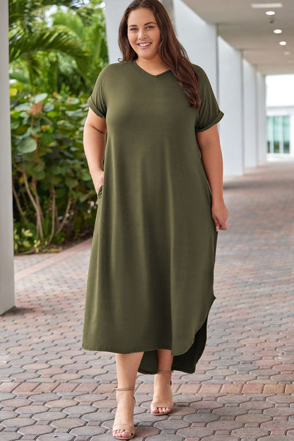 V Neck Rolled Cuffs Plus Size Maxi Dress