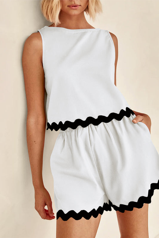 White Ricrac Applique Sleeveless Top and Pocketed Shorts Set