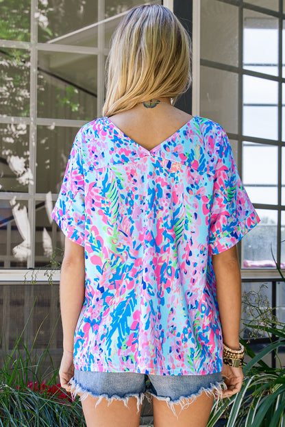 Abstract Print Wrap V Neck Flutter Sleeve Mid Length Summer Dress