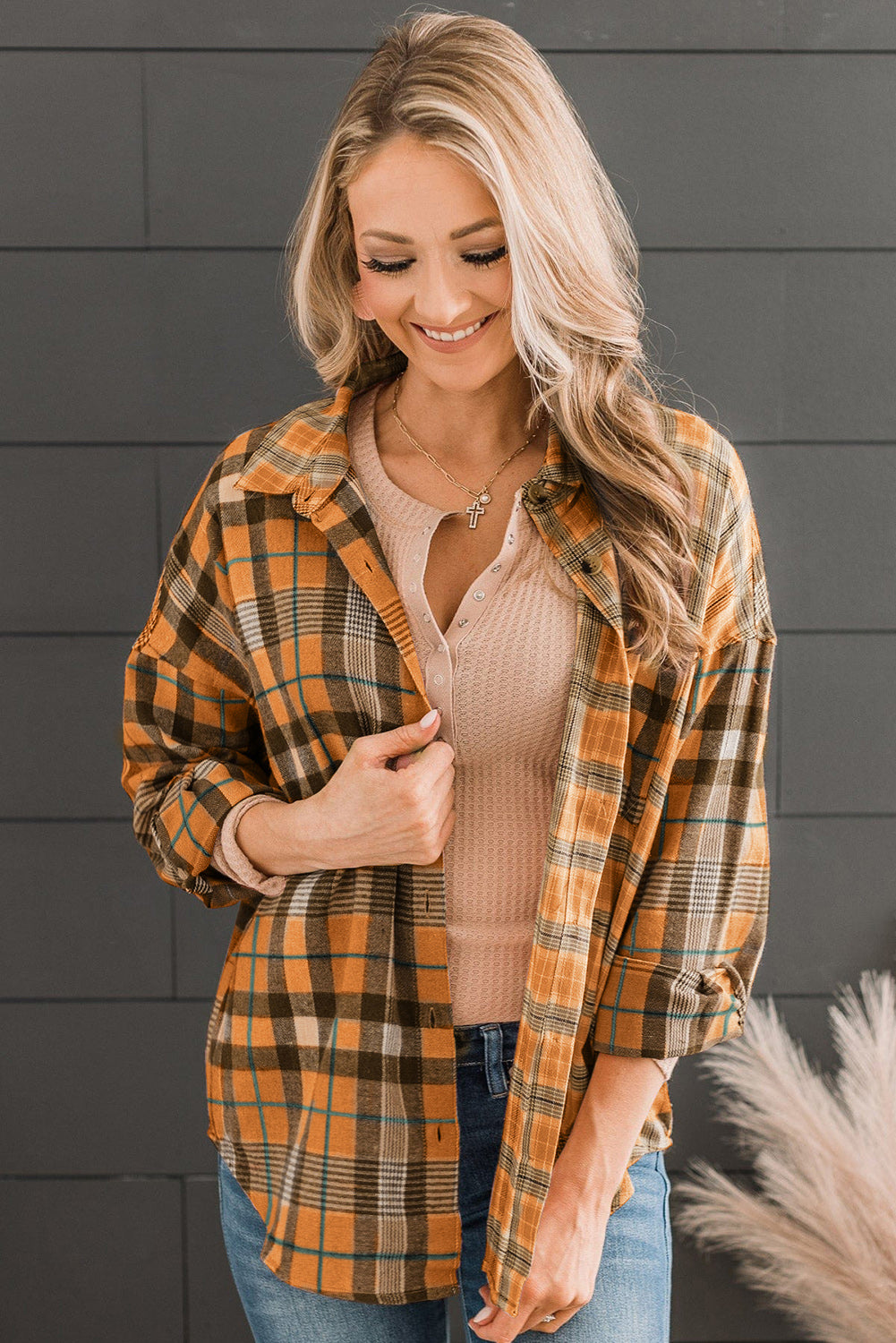 Orange Drop Shoulder Rounded Hem Plaid Pattern Shirt