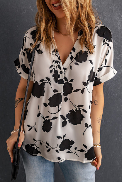 Floral Print Casual Roll Up Sleeve Blouse