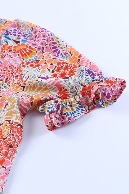 Multicolor Floral Print Smocked Cuffs Long Sleeve Blouse