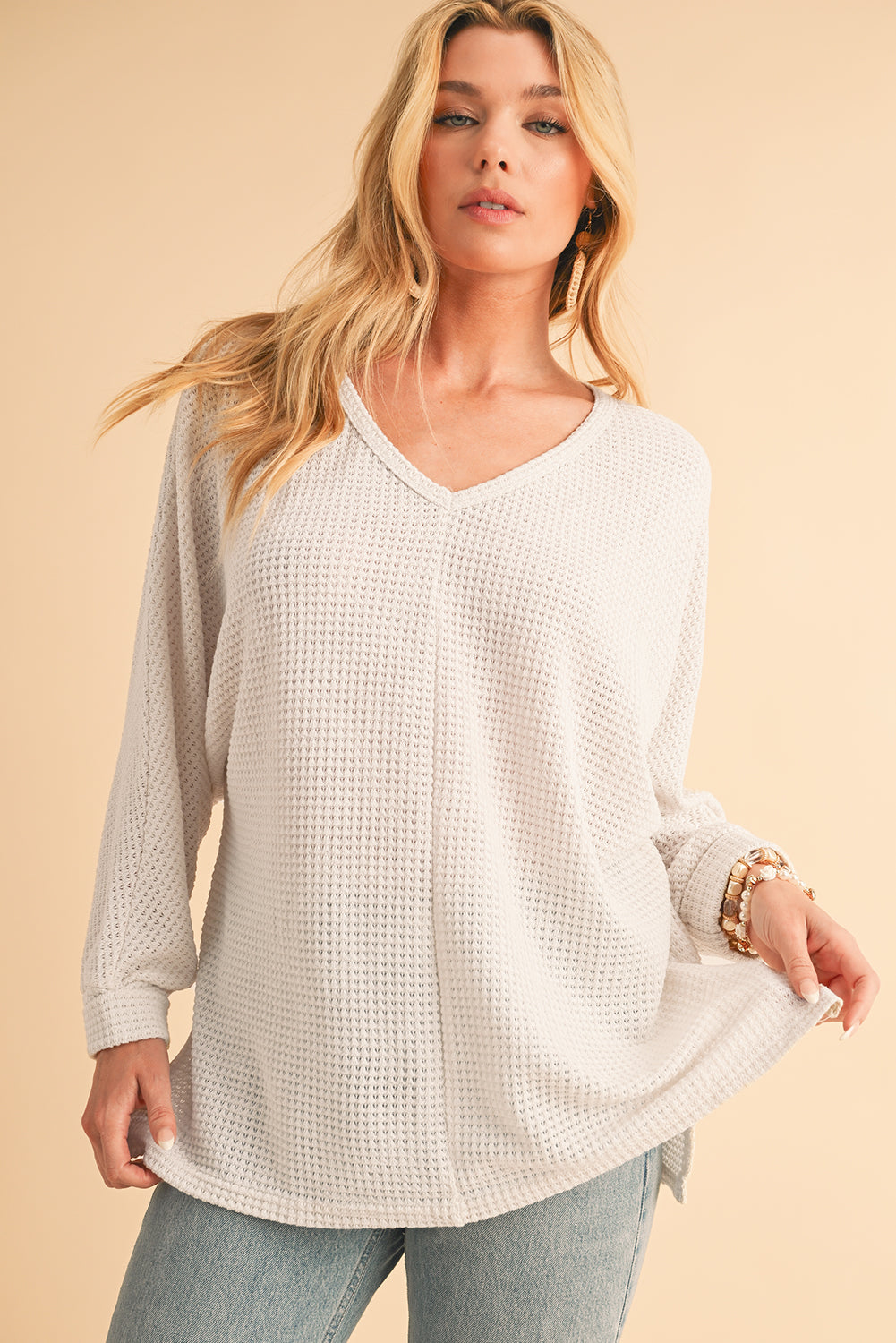 Waffle Knit Side Slits Loose Fit V Neck Top