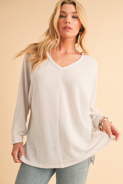 Waffle Knit Side Slits Loose Fit V Neck Top
