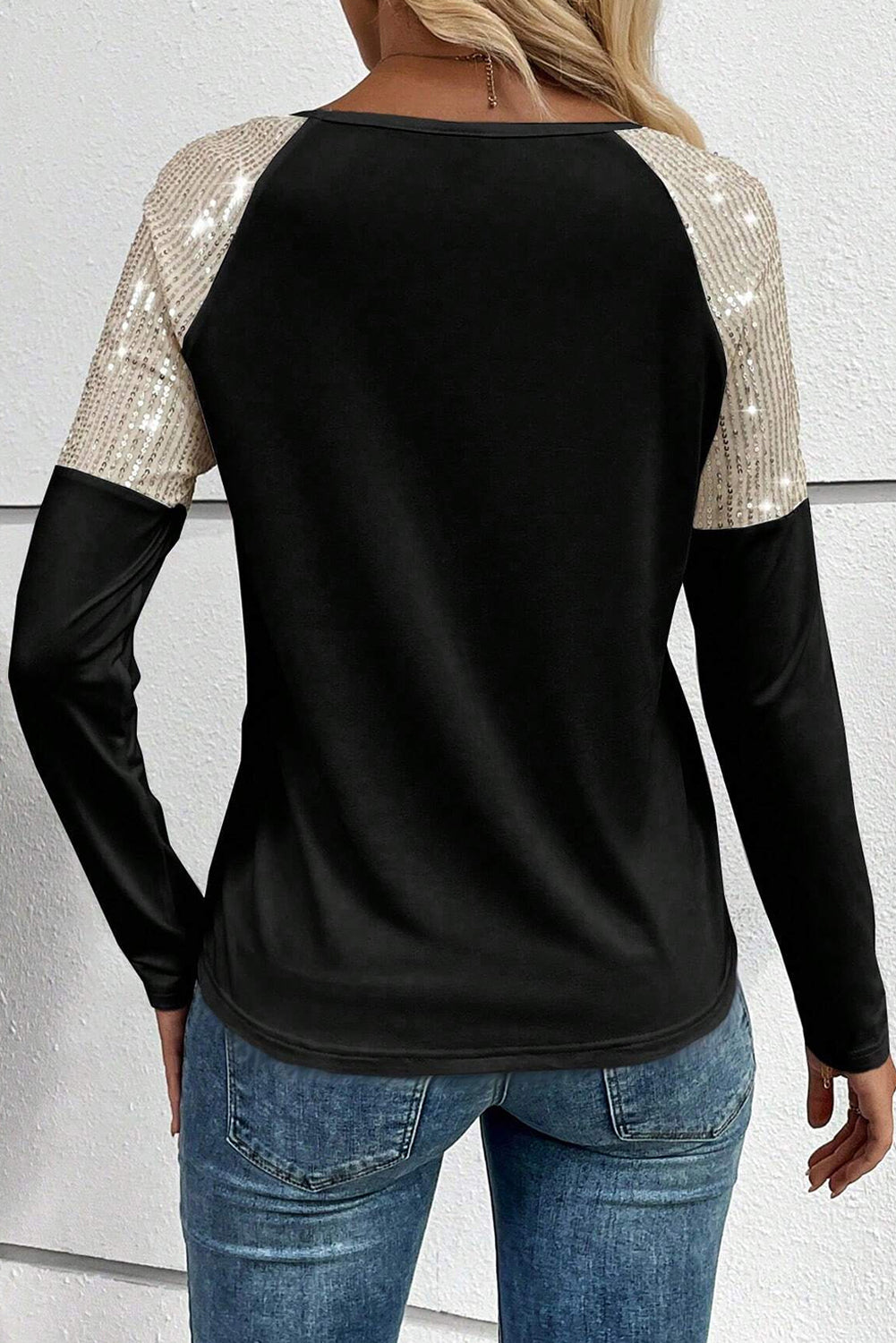Sequin Patch Chest Pocket Raglan Sleeve Top