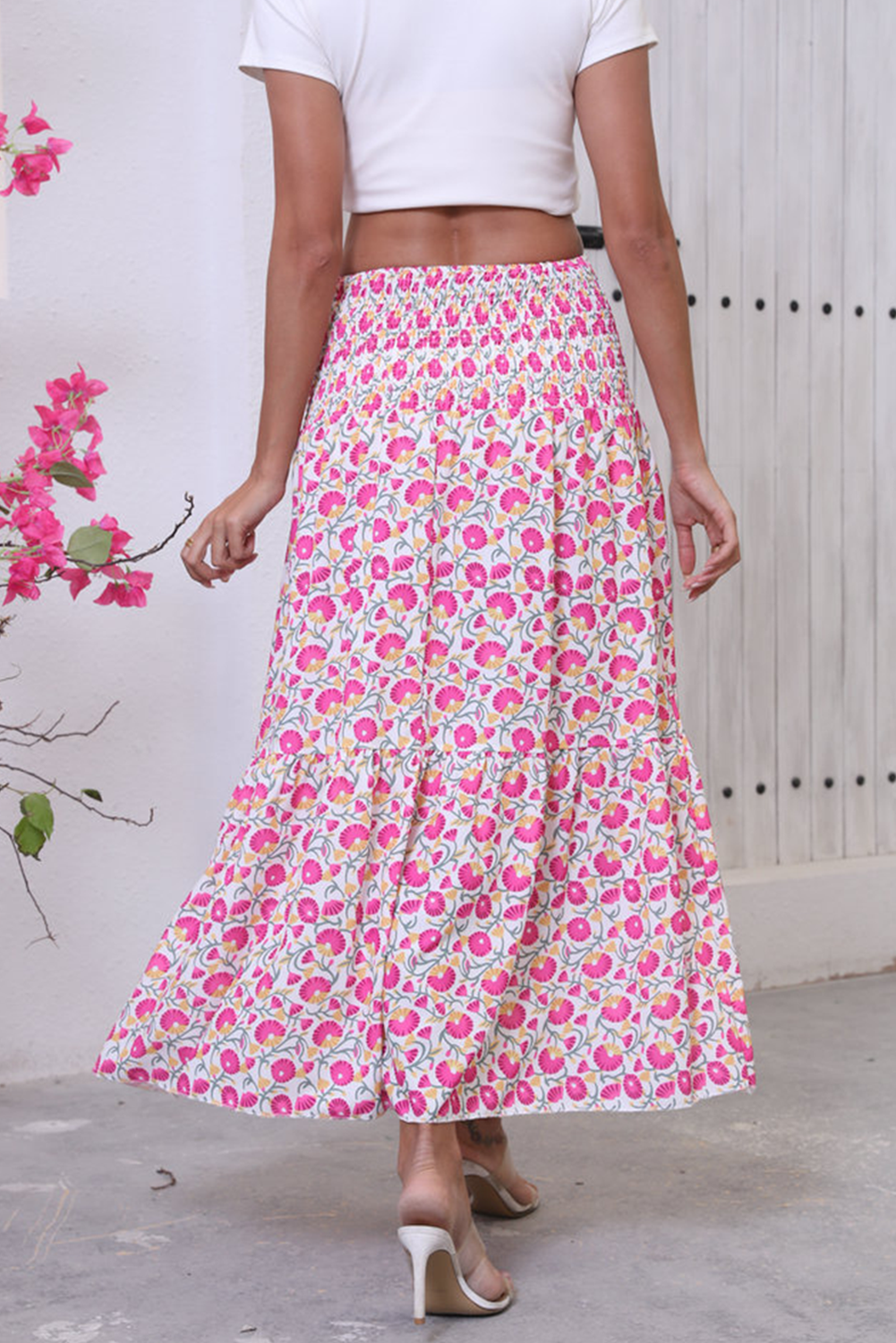 Pink Boho Floral Print Shirred Large Swing Skirt