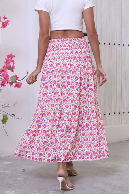 Pink Boho Floral Print Shirred Large Swing Skirt