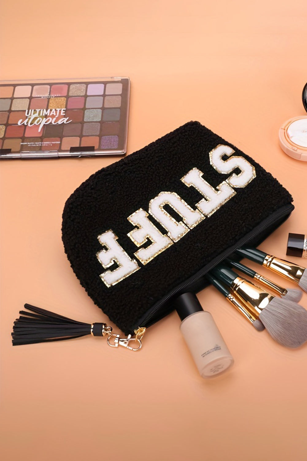 White CALM Letter Pattern Tassel Zipper Makeup Bag