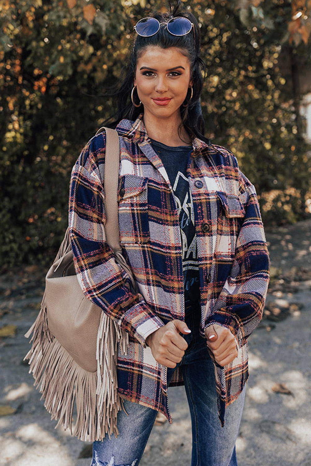 Dark Blue Oversized Flap Pockets Plaid Shacket with Slits