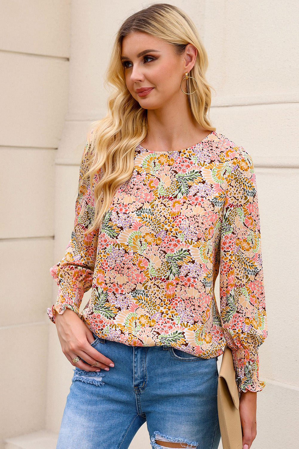 Multicolor Floral Print Smocked Cuffs Long Sleeve Blouse