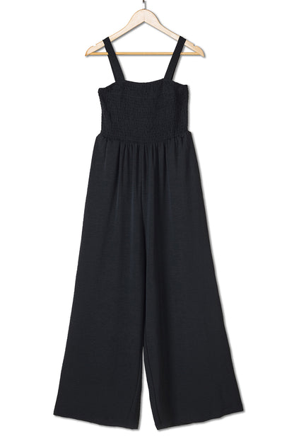 Black Casual Smocked Sleeveless Wide Leg Jumpsuit With Pockets