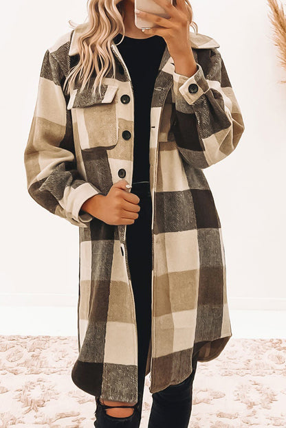 Khaki Plaid Colorblock Button Down Flap Pocket Long Shacket