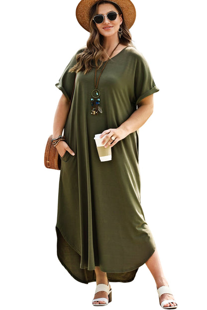 V Neck Rolled Cuffs Plus Size Maxi Dress