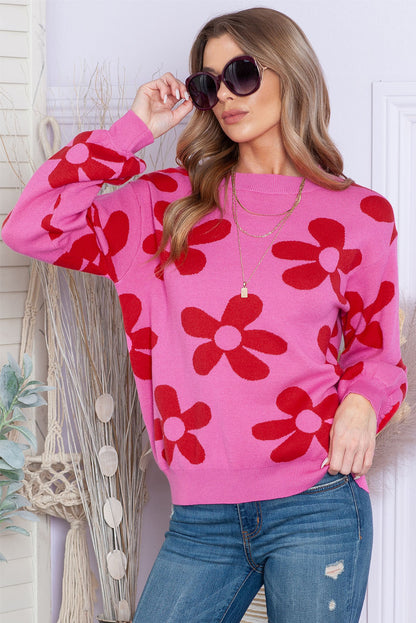 Floral Print Knitted Long Sleeve Pullover Sweater
