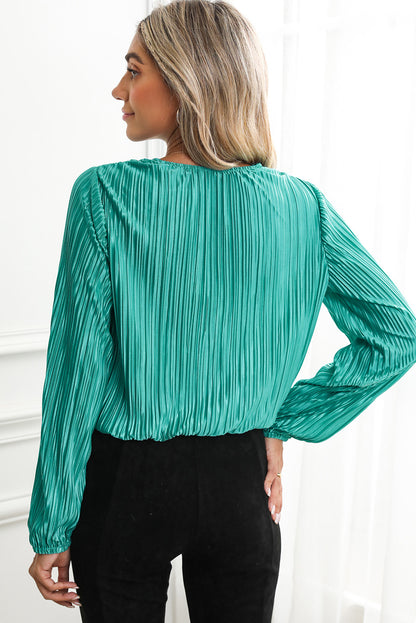 Verdant Solid Color Textured Puff Sleeve Cropped Blouse