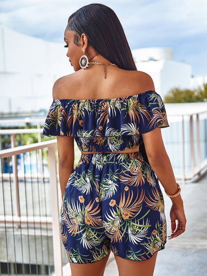 Sexy Off Shoulder Tropical Top Wrap Hem Shorts