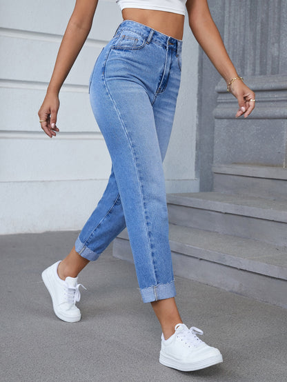 EZwear High Waist Bleach Wash Frayed Hem Mom Fit Jeans Without Belt