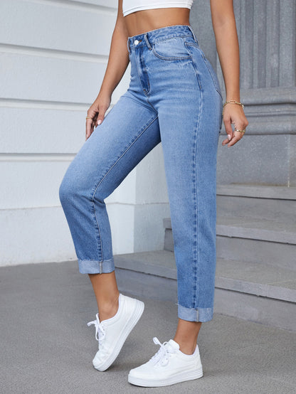 EZwear High Waist Bleach Wash Frayed Hem Mom Fit Jeans Without Belt