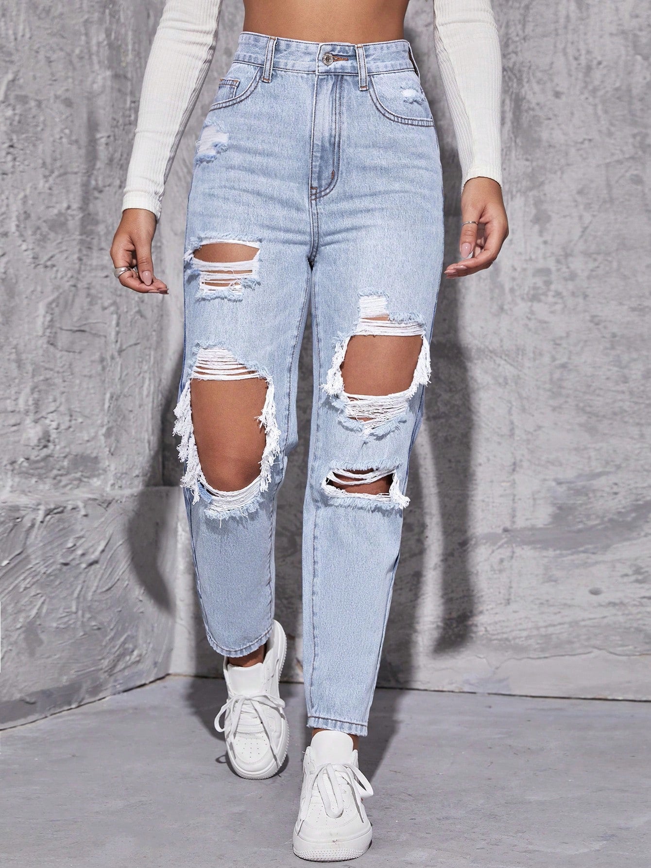 EZwear High Waist Ripped Mom Fit Jeans