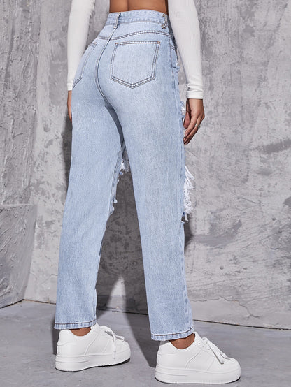 EZwear High Waist Ripped Mom Fit Jeans